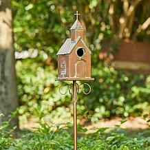 53"H Farmhouse Faux Copper Distressed Metal Church Birdhouse w/Stake