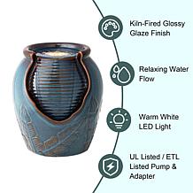 9.25"H Turquoise Ceramic Jar Tabletop Fountain w/ Pump and LED Light