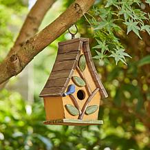9.5"H Washed Yellow Distressed Wood Birdhouse w/Natural Wood