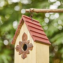 9"H Washed White Solid Wood Red Roof Cottage Outdoor Garden Birdhouse