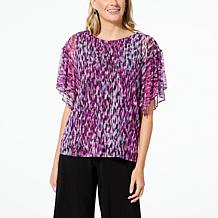Antthony Printed Mesh Knit Flutter Sleeve Top