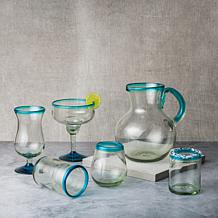 Aqua Rim Handblown Mexican Margarita Glass - Set of 6