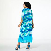 "As Is" Antthony Printed Tie-Dye Crochet Caftan Dress with Tassels
