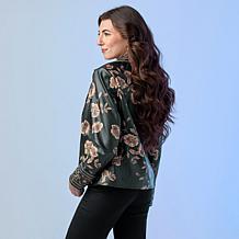 "As Is" Colleen Lopez Embroidered Faux Leather and Print Moto Jacket