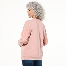 "As Is" Colleen Lopez French Terry Pullover with Faux Leather Sleeves