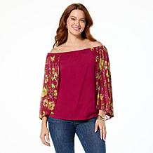 "As Is" Colleen Lopez Off Shoulder Knit Tank with Print Woven Cape