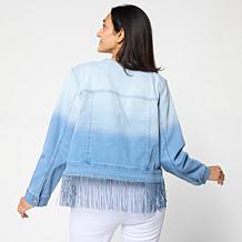 "As Is" Colleen Lopez Ombre Denim Fringe Trim Button-Front Jacket