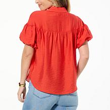 "As Is" DG2 by Diane Gilman Balloon-Sleeve Button-Up Blouse