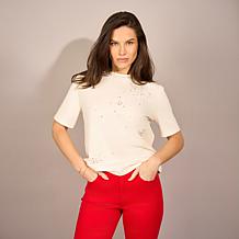 "As Is" DG2 by Diane Gilman Cotton Jersey Embellished Crew-Neck Top