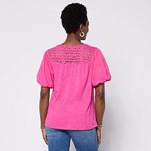 "As Is" DG2 by Diane Gilman Cotton Modal Lace Yoke Bubble Sleeve Top