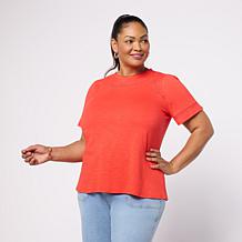 "As Is" DG2 by Diane Gilman Cotton Modal Slub Lace Inset Puff Sleev...