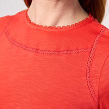 "As Is" DG2 by Diane Gilman Cotton Modal Slub Lace Inset Puff Sleev...
