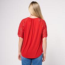 "As Is" DG2 by
Diane Gilman Embroidered Eyelet Sleeve Mixed Media Tee