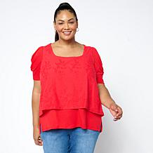 "As Is" DG2 by Diane Gilman Embroidered Puff-Sleeve Square-Neck Top