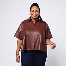 "As Is" DG2 by Diane Gilman Faux Leather Short Sleeve Swing Hem Shirt