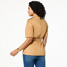 "As Is" DG2 by Diane Gilman Faux Suede Button Detail Belted Tunic