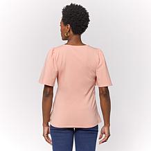 "As Is" DG2 by Diane Gilman Flutter-Sleeve Shirred Waist V-Neck Kni...