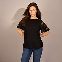 "As Is" DG2 by Diane Gilman Lace Combo Flutter Sleeve Top
