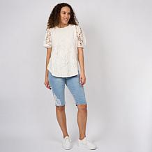 "As Is" DG2 by Diane Gilman Lace Eyelet Embroidered Puff-Sleeve Top