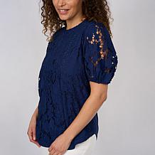 "As Is" DG2 by Diane Gilman Lace Eyelet Embroidered Puff-Sleeve Top