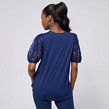 "As Is" DG2 by Diane Gilman Lace Eyelet Embroidered Puff-Sleeve Top