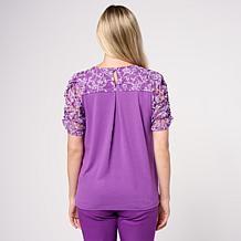 "As Is" DG2 by Diane Gilman Mixed Media Puff Sleeve Top with Keyhol...