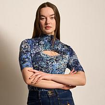 "As Is" DG2 by Diane Gilman Mock-Neck Top with Chest Keyhole