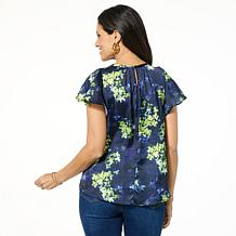 "As Is" DG2 by Diane Gilman Printed Satin Flutter-Sleeve Blouse
