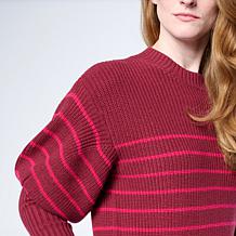 "As Is" DG2 by Diane Gilman Rib Striped Knit Juliette-Sleeve Sweater