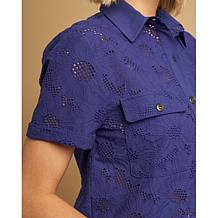 "As Is" DG2 by Diane Gilman Short-Sleeve Button Front Eyelet Top
