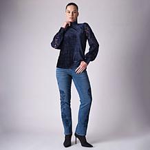 "As Is" Diane Gilman Embroidered Tulle Sleeve Mock Neck Top