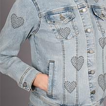 "As Is" Diane Gilman New Classic Stretch Heart Studded Denim Jacket