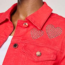"As Is" Diane Gilman New Classic Stretch Heart Studded Denim Jacket