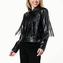 "As Is" G by Giuliana Black Label Faux Leather Graphic Fringe Jacket