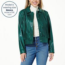 "As Is" G by Giuliana Black Label Faux Leather Graphic Fringe Jacket