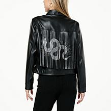"As Is" G by Giuliana Black Label Faux Leather Graphic Fringe Jacket