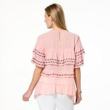 "As Is" G by Giuliana Woven Embroidered Ruffle Top