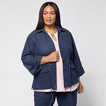 "As Is" Grey by Jhoan Sebastian Grey Knit Denim 3/4 Sleeve Collared...