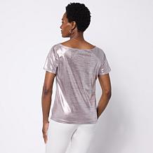 "As Is" Jaclyn Smith Metallic Knit Cap Sleeve Cowl Neck Top