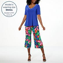 "As Is" Nina Leonard 2-piece Embellished Tunic & Printed Culotte Pa...