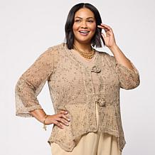 "As Is" Nina Leonard 3/4-Sleeve Bolero Top with Coconut Buttons