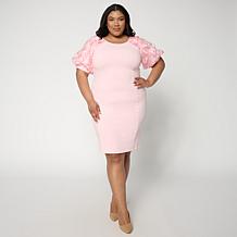"As Is" Nina Leonard 3D Floral Mesh Bubble Sleeve Sheath Dress