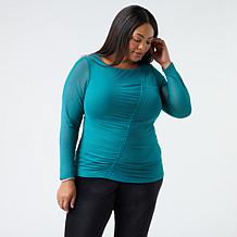 "As Is" Nina Leonard Powermesh Angled Rouched Long Sleeve Top