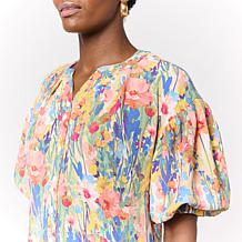 "As Is" Nina Leonard Print Textured Wave Bubble-Sleeve Shirt