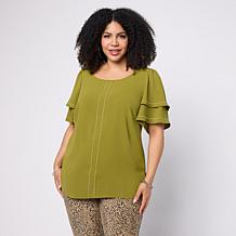 "As Is" Nina Leonard Round Neck Double Flutter Sleeve Top