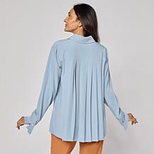 As Is WynneCollection Pleat Back Crepe Shirt with Cuff Detail