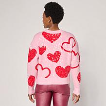 C Wonder by Christian Siriano Heart Sequin Crewneck Pullover Sweater