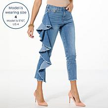 C Wonder Runway Collection Denim Straight Leg Ruffle Jean