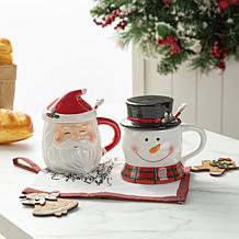 Christmas Ceramic Santa and Snowman Mug with Lid and Spoon - Set of 2
