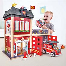 City Fire Station Dollhouse Wooden 13 Piece Lights and Sounds Playset